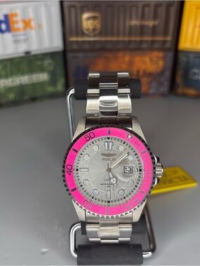 Invicta Pro Diver Silver Dial Watch with Pink Bezel